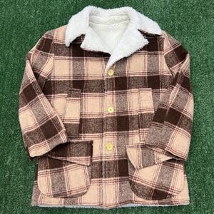 Vintage Plaid Sherpa Rancher Coat Mens Medium Brown Wool Heavy Flannel 60s 70s